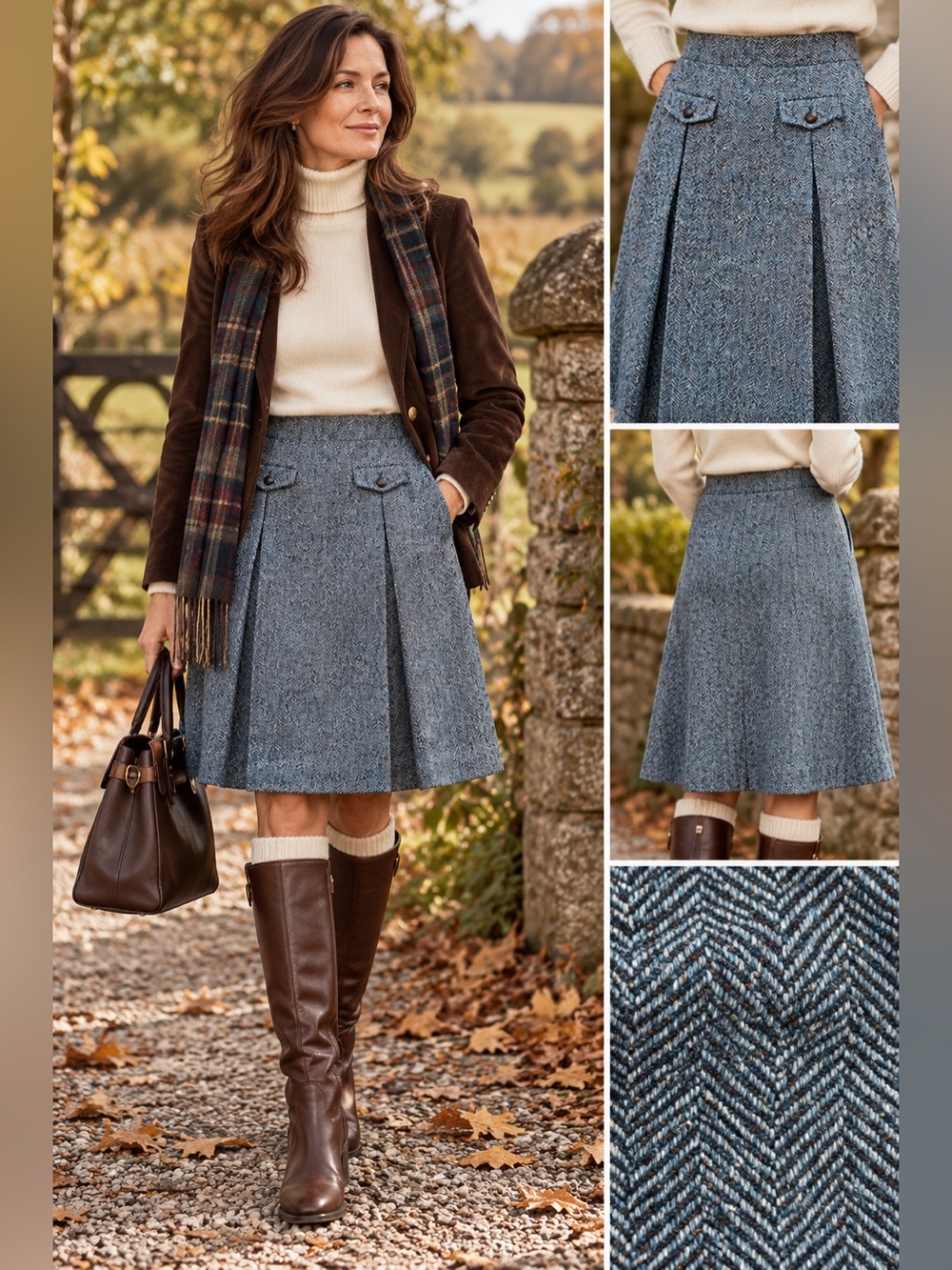 Kate Hill Blue Herringbone Wool Blend Pleated Skirt Size 4 Lined